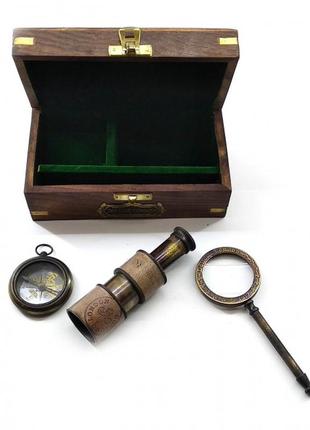 Лупа з компасом та підзорна труба в дерев'яному футлярі (16,5*9,5*7,5 см)
