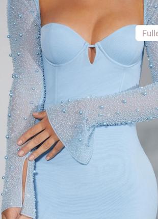 Новое вечернее платье длинное макси с разрезом голубое с рукавами ох полы3 фото