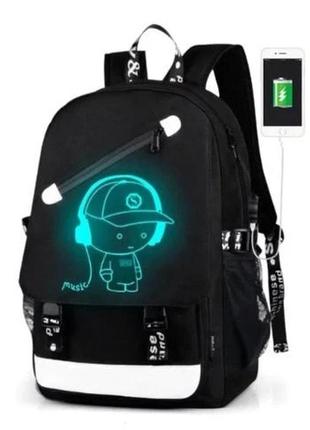 Водонепроникний рюкзак мusic з usb чорний, що світиться в темряві1 фото