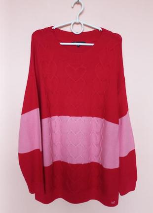 Червоний з рожевим в сердечка в"язаний светр, свитер, кофта, джемпер, світшот 54-56 р.
