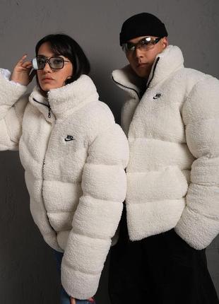 Плюшевая куртка nike, белая, найк, куртка, парка, пуховик, пушистая, teddy, тедди, унисекс, мужская, женская