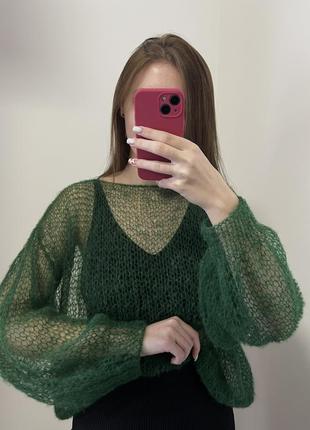 Зелений невагомий светр павутинка з мохеру ручної роботи