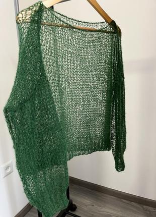 Зеленый невесомый свитер паутинки из мохера ручной работы5 фото