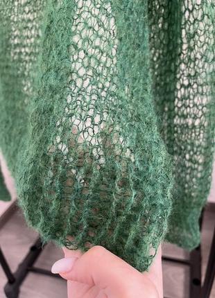 Зеленый невесомый свитер паутинки из мохера ручной работы7 фото