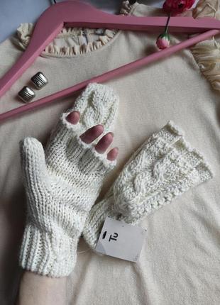 В'язані жіночі рукавиці трансформери білі перчатки відкидні мітенки4 фото