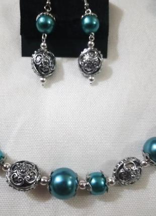 Набор ожерелье и серьги бирюзовый искусственный жемчуг5 фото