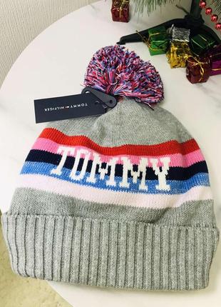 Шапочка для дівчинки фліс з помпом у смужку tommy hilfiger томмі хілфігер оригінал