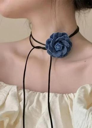 Чокер цветок на шею синяя джинсовый цветочек колье пояс повязка2 фото