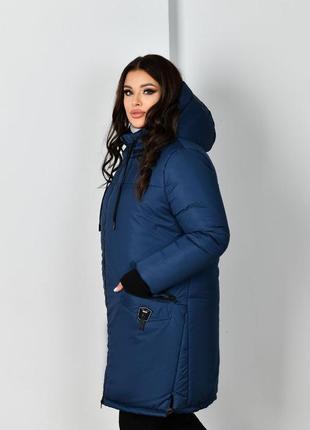 Куртка пальто пуховик жіноча довга зимова на зиму тепла зелена базова сіра графіт хакі синя чорна з капюшоном стьобана супер батал великих розмірів2 фото