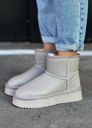 Угги угги ugg серые молочные графит на высокой платформе кожаные подошвы зимние