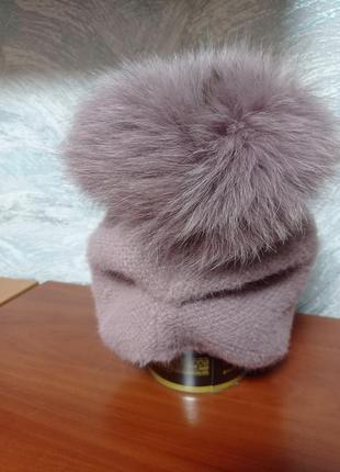Женская шапка, ангоровая demari темно розовая с натуральным мехом3 фото