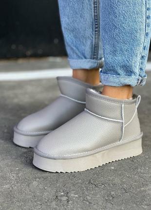 Угги угги ugg женские зимние кожаные теплые невысокие низкие серые серебристые на высокой платформе подошве1 фото