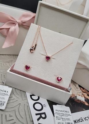 Набор пандора серебро s925 ale оригинальная бирка ожерелье серьги сердца красный розовое золото камни кулон колье подвеска цепочка пусеты новый