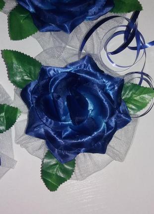 Свадебная лента и цветы на ручки синие5 фото