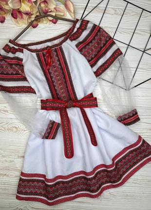 Вышиванка-платье на девочку красно-серый-орнамент.3 фото