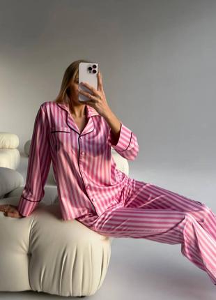 Женская пижама victoria's secret розовая в полоску шелк с м л хл