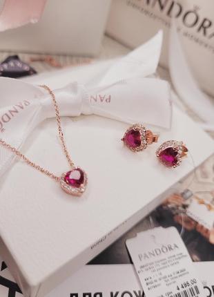 Набор пандора серебро s925 ale оригинальная бирка ожерелье серьги сердца красный розовое золото камни кулон колье подвеска цепочка пусеты новый