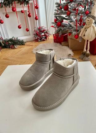 Темно сіро-бежеві ультра короткі угги з натуральної замші на низькій платформі