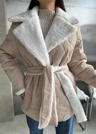 Куртка стеганая с поясом зимняя дубленка8 фото