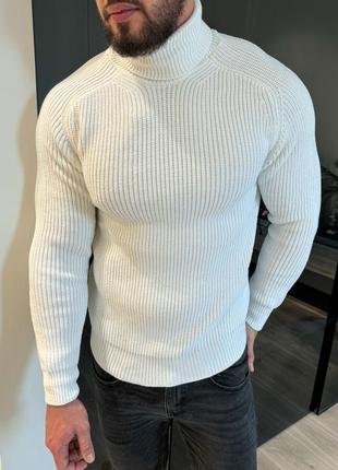 Стильный мужской вязаный свитер водолазка под горло н5000 белый гольф1 фото