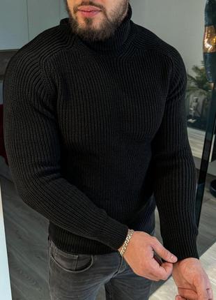 Стильний чоловічий в'язаний светр водолазка під горло н5001 чорний гольф1 фото