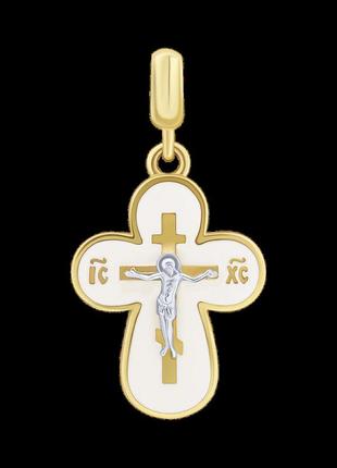Хрестик із жовтого золота з діамантом та білою емаллю