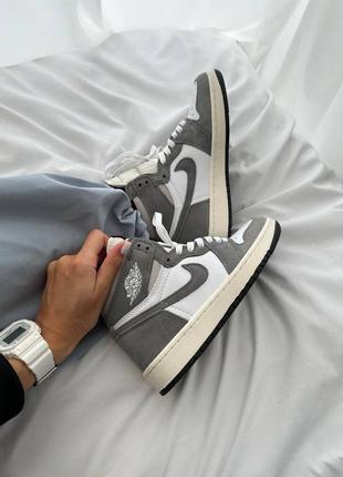 Классные кроссовки nike air jordan 1 retro high washed heritage premium серые с белым8 фото