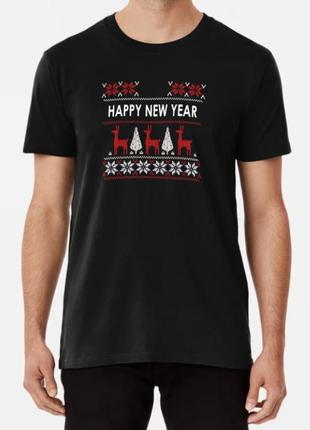 Мужская и женская новогодняя футболка с принтом happy new year олени