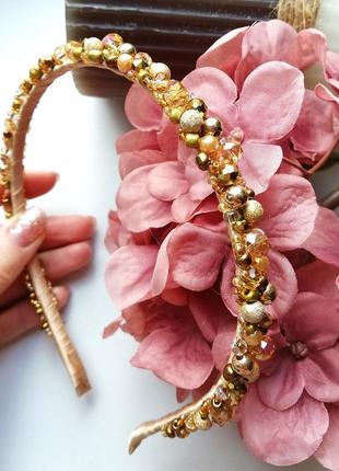 Кришталевий золотий обідок, обруч в зачіску, обідок із кришталевих намистин