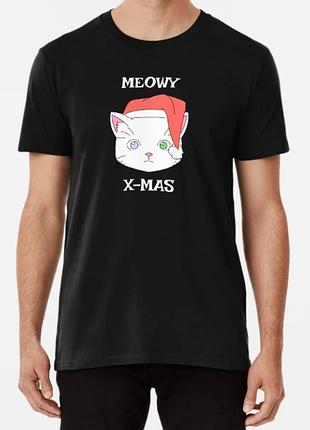Чоловіча та жіноча новорічна футболка з принтом meowy christmas кіт