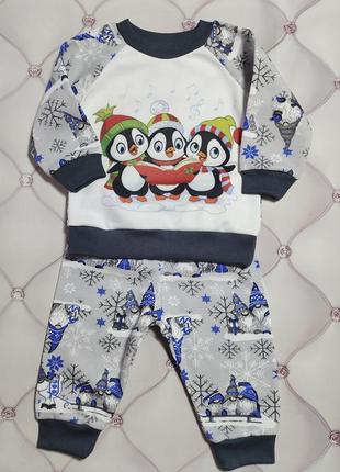 Пижама новогодняя р. 74 детская с начесом новогодние пингвины серый4 фото