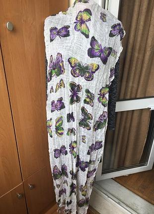 Брендовый натуральный большой летний лёгкий шарф шарфик палантин бабочки