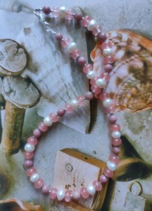 Тренд чокер, колье, ожерелье, подвеска, бусы, намисто, коралі натуральный камень (родонит, клубничный кварц), речной жемчуг4 фото