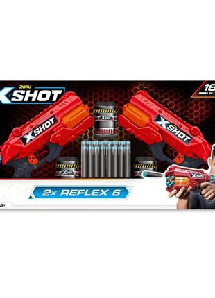 X-shot red набір швидкострільних бластерів excel reflex double (2 бластера, 3 банки, 16 патронів)