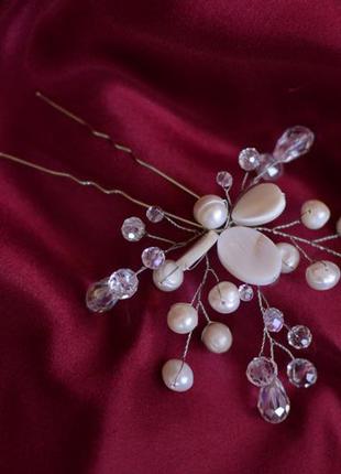 Весільна шпилька з перлами і перламутром "проліски"2 фото