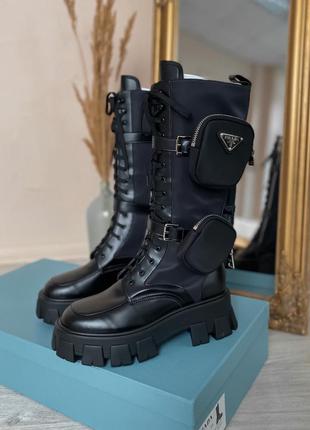 Ботинки женские prada boots zip pocket black high lux черные (прада бутс, черевики)1 фото