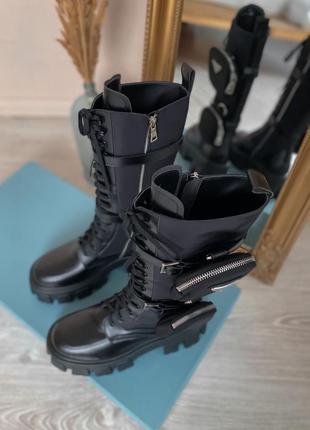Ботинки женские prada boots zip pocket black high lux черные (прада бутс, черевики)4 фото