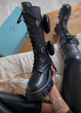 Ботинки женские prada boots zip pocket black high lux черные (прада бутс, черевики)7 фото