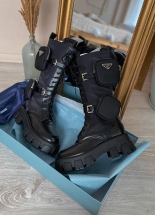 Ботинки женские prada boots zip pocket black high lux черные (прада бутс, черевики)2 фото