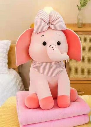 Плед - мягкая игрушка 3 в 1 (слоник розовый с бантиком)