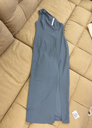 Довга блакитна сукня футляр з вирізом на нозі одне плече asos xl5 фото