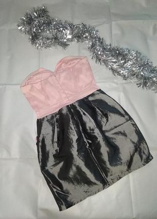 Вечернее новогоднее праздничное платье мини бандо бюсте корсет юбка тюльпан серебряное металлическое шикарное молодежное трендовое 2023 20244 фото