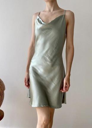 Атласное платье оливкового цвета шелк платья размер m-l1 фото