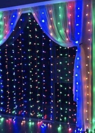 Гирлянда на окно или стену водопад 200см х 200см, 240 led штора, занавес цветная