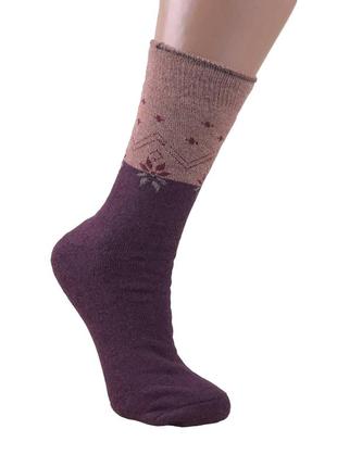 Носки женские махровые высокие 23-25 размер (36-40 обувь) орнамент зимние коричневый/бордовый7 фото