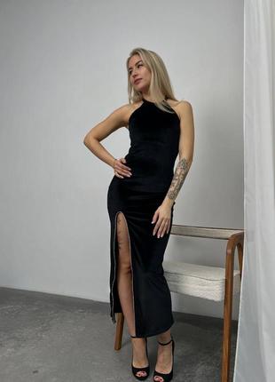 Оксамитова чорна вечірня сукня з розрізом на ніжці 🖤 святкове вечірнє плаття міді 42 44 46 48