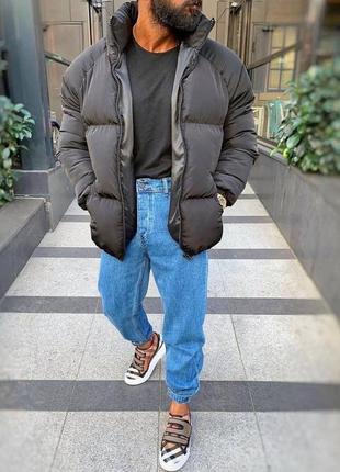 Куртка теплая пуховик оверсайз зимняя мужская  стеганая короткая без капюшона черная турция1 фото