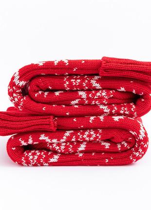 Длинные носки зимние красные 1437 очень теплые гольфы со снежинками манжета праздничными орнаментами3 фото