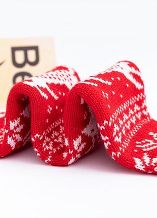 Длинные носки зимние красные 1437 очень теплые гольфы со снежинками манжета праздничными орнаментами2 фото