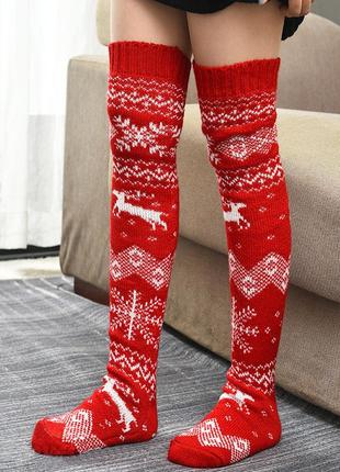 Длинные носки зимние красные 1437 очень теплые гольфы со снежинками манжета праздничными орнаментами5 фото